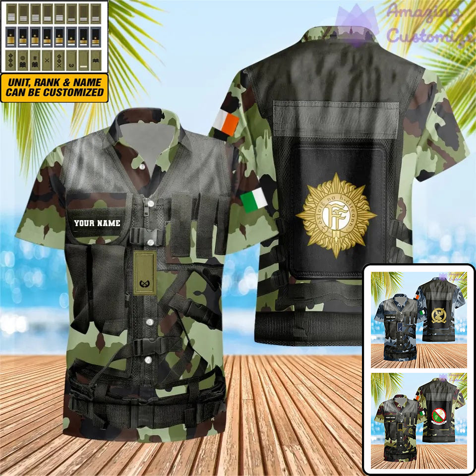 T-shirt hawaïen personnalisé avec camouflage soldat/vétéran irlandais avec nom et grade imprimé en 3D - 1101240001