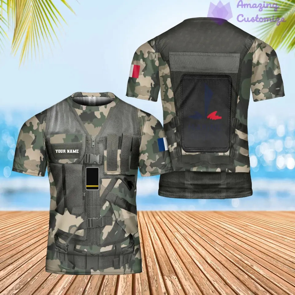 Personalisiertes Hawaiihemd mit Camouflage-Muster für französische Soldaten/Veteranen mit Namen und Rang, 3D-Druck – 1101240001