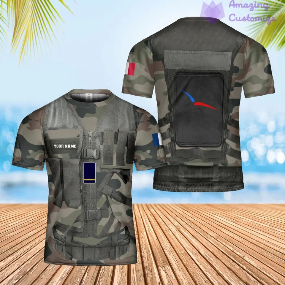 Personalisiertes Hawaiihemd mit Camouflage-Muster für französische Soldaten/Veteranen mit Namen und Rang, 3D-Druck – 1101240001