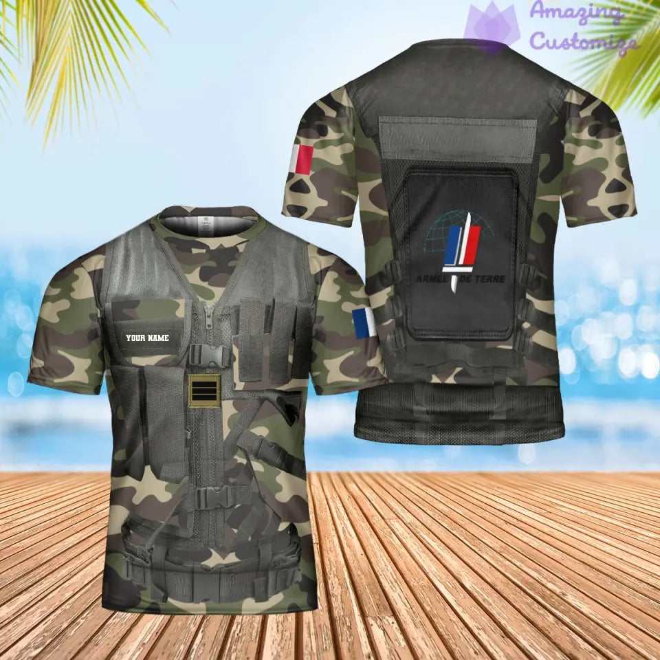 T-shirt hawaïen personnalisé avec camouflage soldat/vétéran de la France avec nom et grade imprimé en 3D - 1101240001