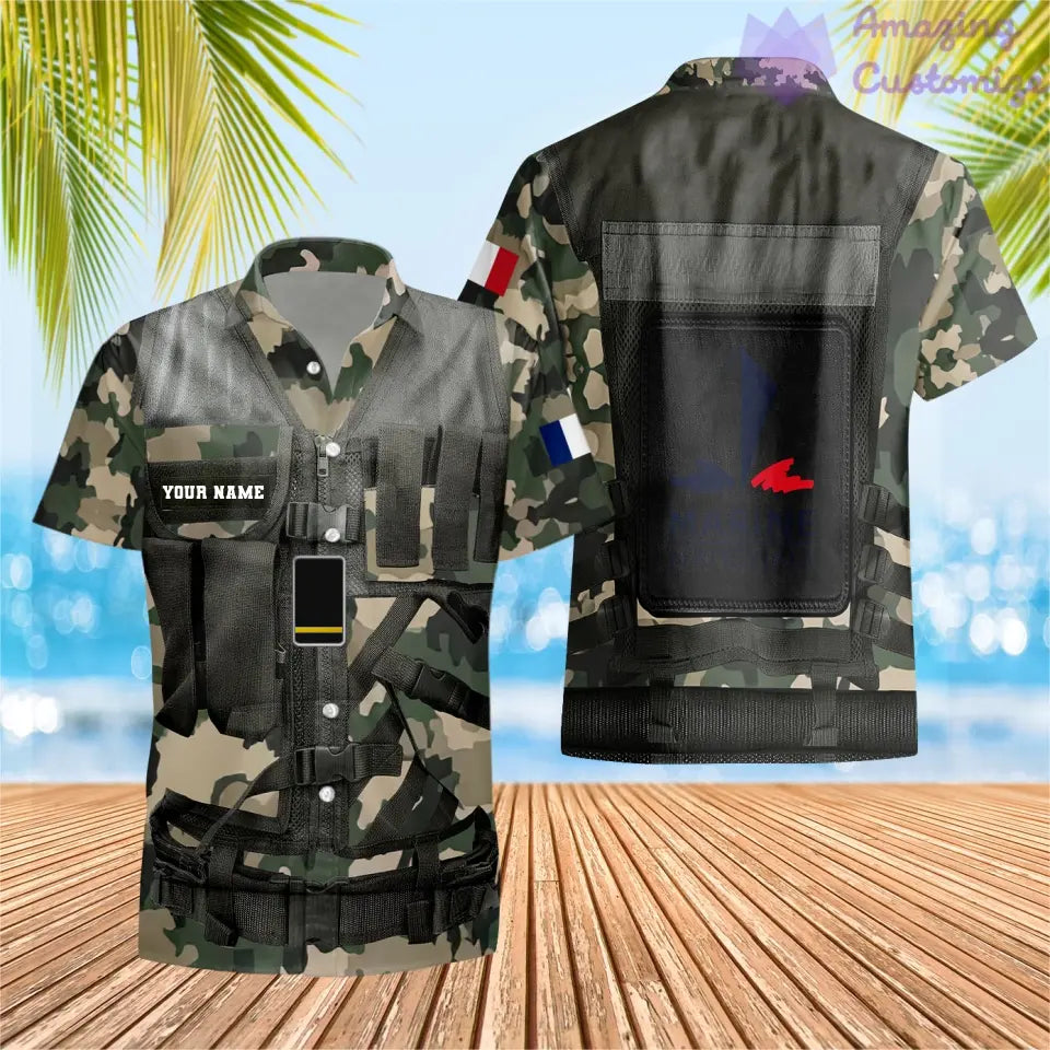 T-shirt hawaïen personnalisé avec camouflage soldat/vétéran de la France avec nom et grade imprimé en 3D - 1101240001