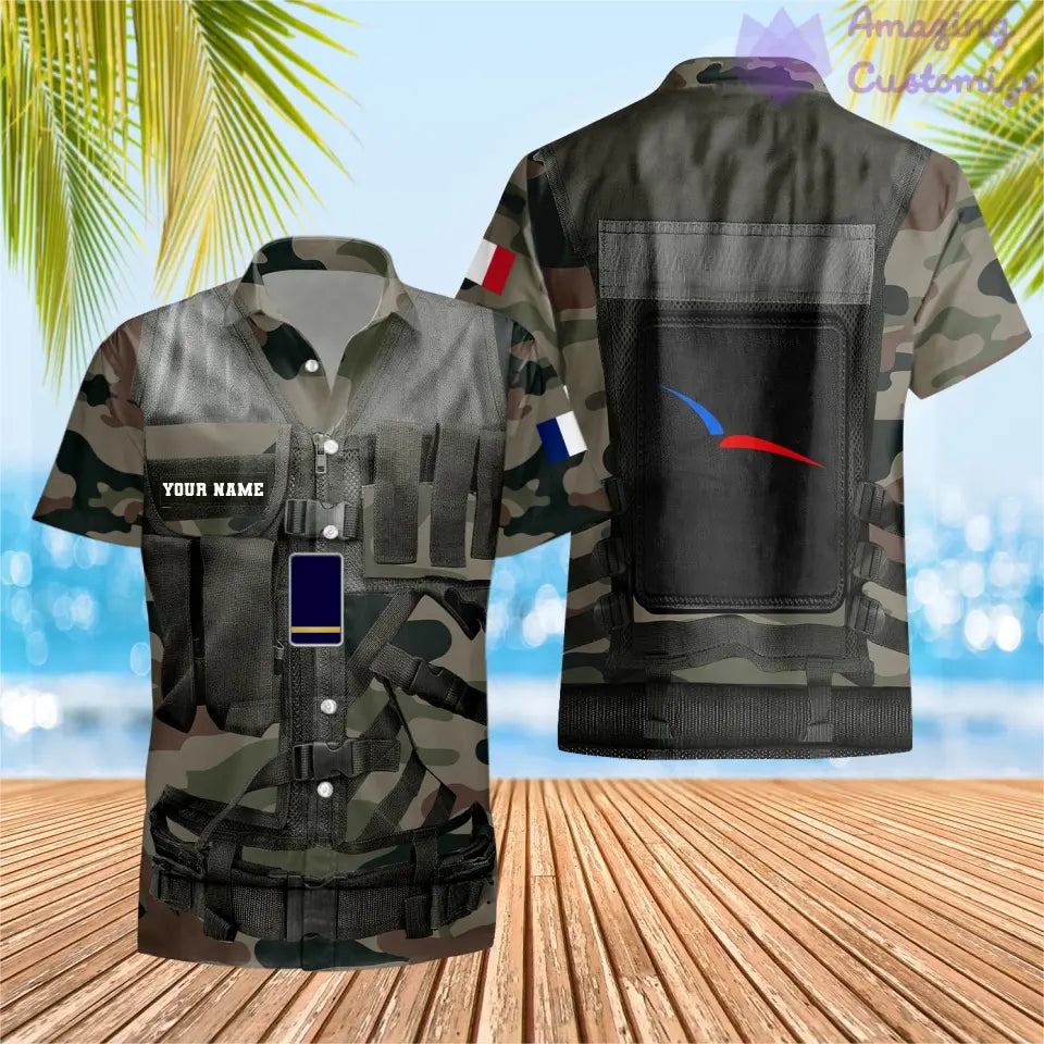 T-shirt hawaïen personnalisé avec camouflage soldat/vétéran de la France avec nom et grade imprimé en 3D - 1101240001