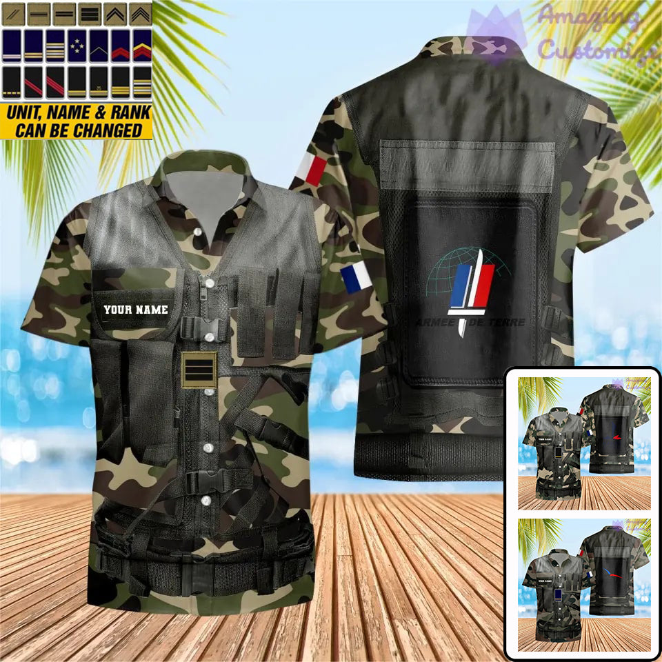 T-shirt hawaïen personnalisé avec camouflage soldat/vétéran de la France avec nom et grade imprimé en 3D - 1101240001