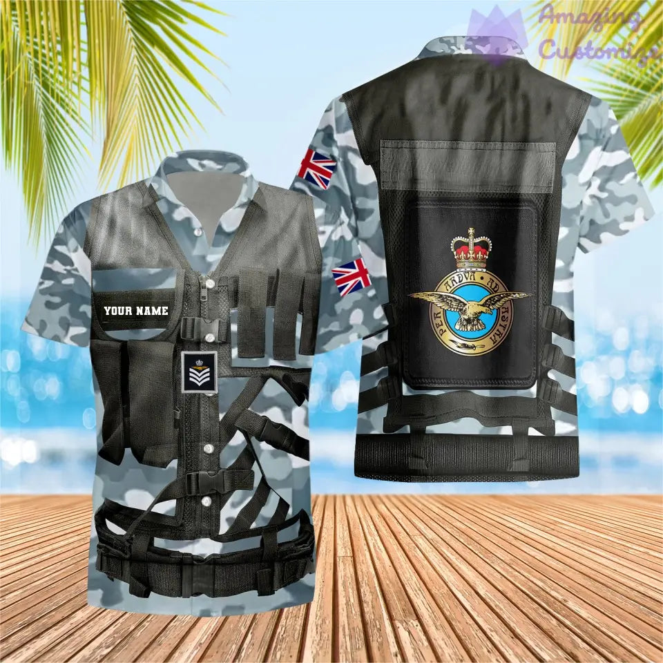 T-shirt hawaïen personnalisé avec camouflage soldat/vétéran britannique avec nom et grade imprimé en 3D - 1101240001