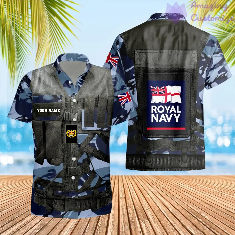 T-shirt hawaïen personnalisé avec camouflage soldat/vétéran britannique avec nom et grade imprimé en 3D - 1101240001