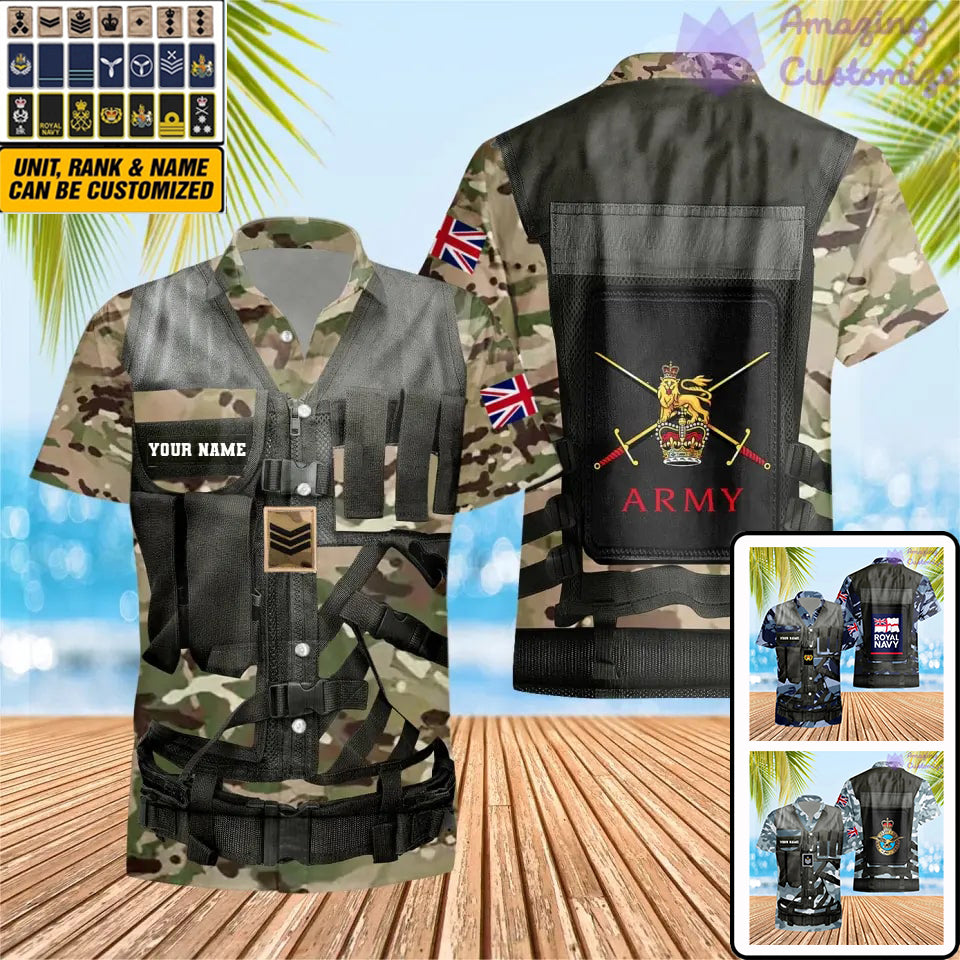 Personalisiertes Hawaiihemd mit Camouflage-Muster für britische Soldaten/Veteranen mit Namen und Rang, 3D-Druck – 1101240001