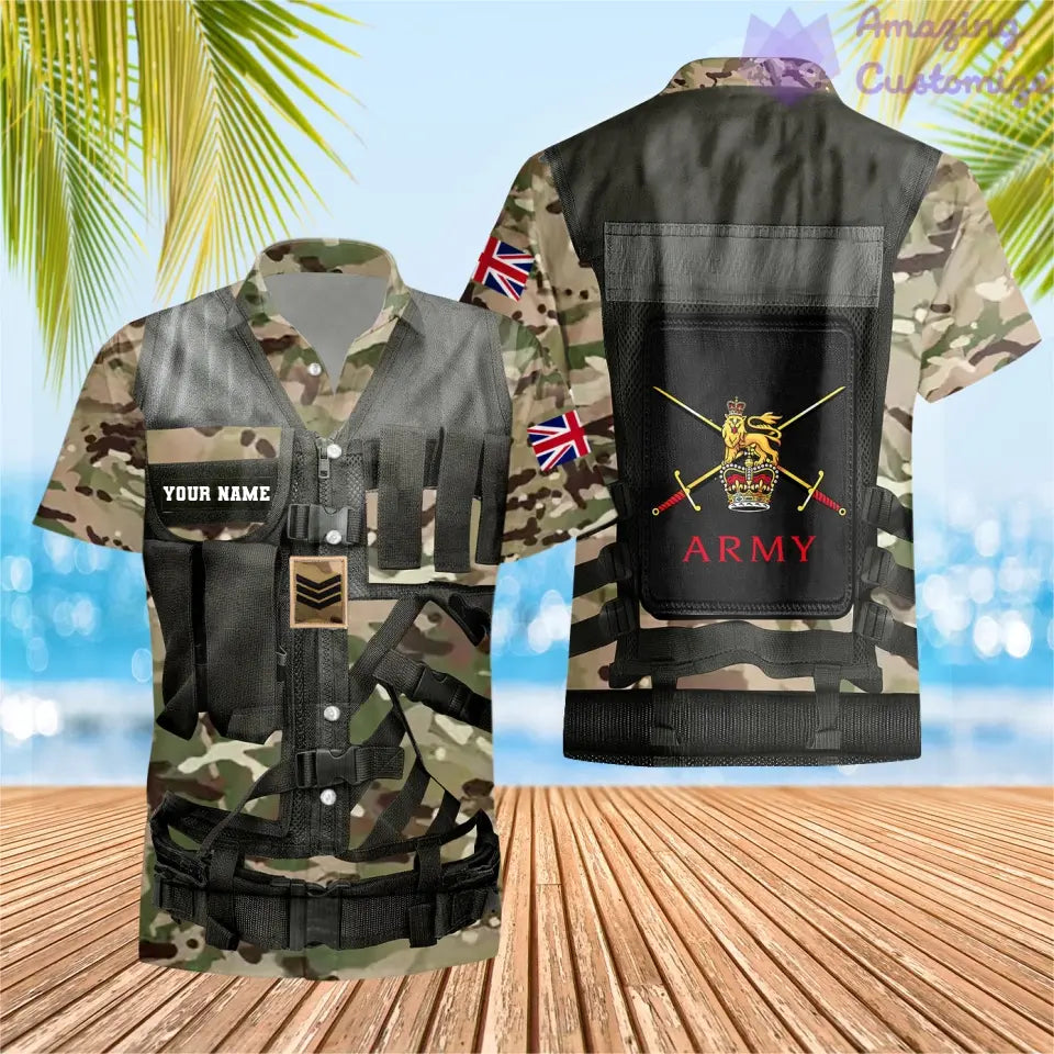 T-shirt hawaïen personnalisé avec camouflage soldat/vétéran britannique avec nom et grade imprimé en 3D - 1101240001