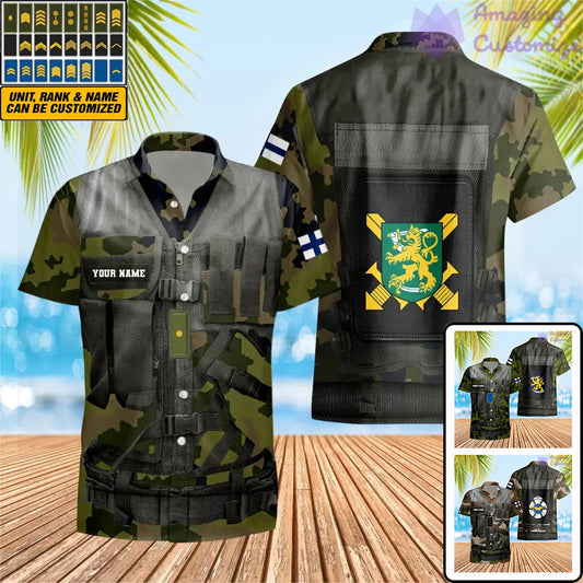 T-shirt hawaïen personnalisé avec camouflage soldat/vétéran finlandais avec nom et grade imprimé en 3D - 1101240001