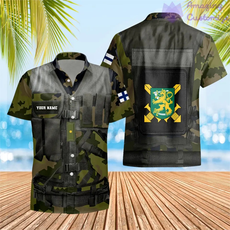 T-shirt hawaïen personnalisé avec camouflage soldat/vétéran finlandais avec nom et grade imprimé en 3D - 1101240001