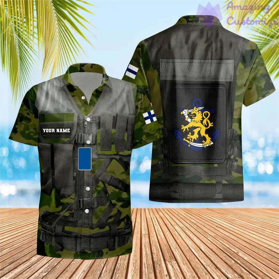 T-shirt hawaïen personnalisé avec camouflage soldat/vétéran finlandais avec nom et grade imprimé en 3D - 1101240001