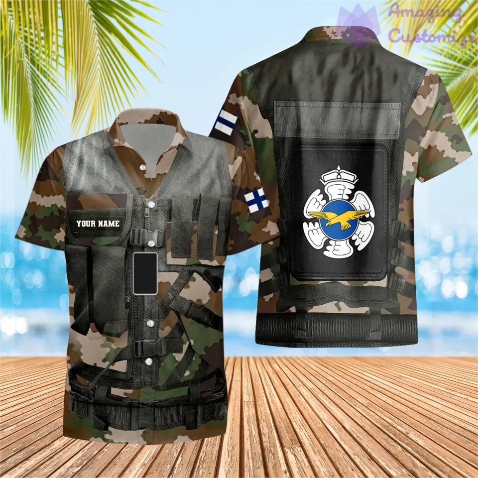 T-shirt hawaïen personnalisé avec camouflage soldat/vétéran finlandais avec nom et grade imprimé en 3D - 1101240001