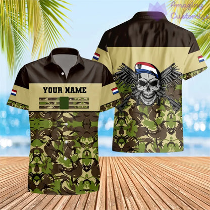 Personalisiertes Hawaiihemd mit Camouflage-Muster für niederländische Soldaten/Veteranen mit Namen und Rang, 3D-Druck – 1201240001