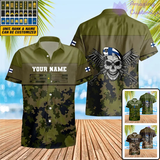 T-shirt hawaïen personnalisé avec camouflage soldat/vétéran finlandais avec nom et grade imprimé en 3D - 1201240001