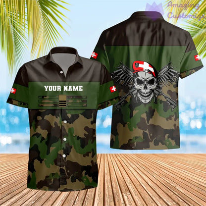 T-shirt hawaïen personnalisé avec camouflage soldat/vétéran suisse avec nom et grade imprimé en 3D - 1201240001