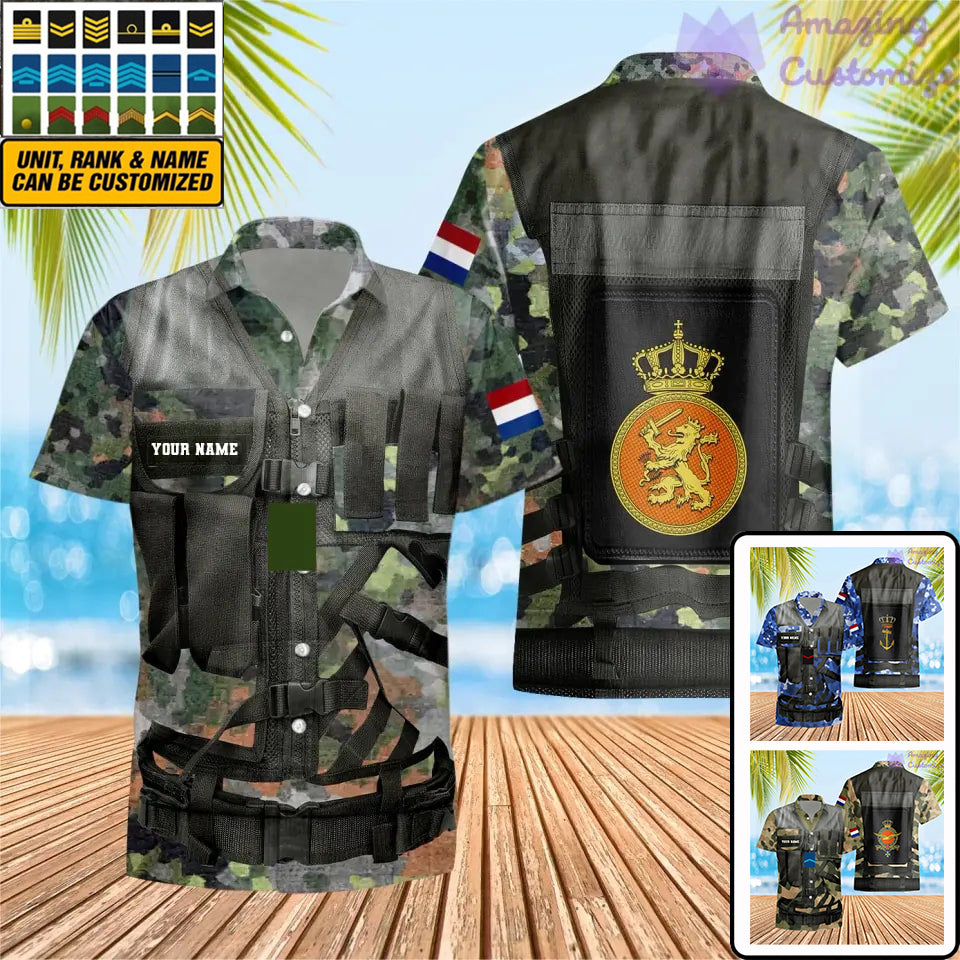 Personalisiertes Hawaiihemd mit 3D-Druck für niederländische Soldaten/Veteranen im Camouflage-Muster mit Namen und Rang – 1101240001