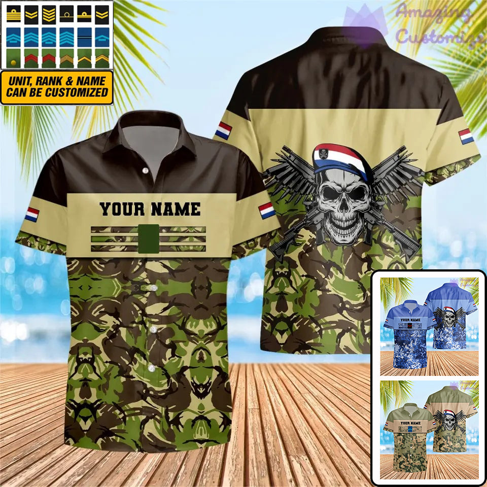 Personalisiertes Hawaiihemd mit Camouflage-Muster für niederländische Soldaten/Veteranen mit Namen und Rang, 3D-Druck – 1201240001