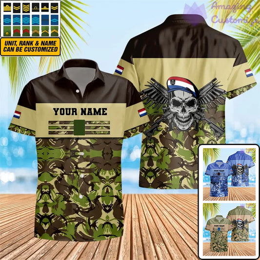 T-shirt hawaïen personnalisé avec camouflage soldat/vétéran des Pays-Bas avec nom et grade imprimé en 3D - 1201240001