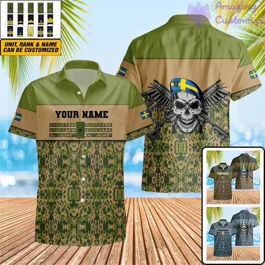 T-shirt hawaïen personnalisé avec camouflage soldat/vétéran suédois avec nom et grade imprimé en 3D - 1201240001