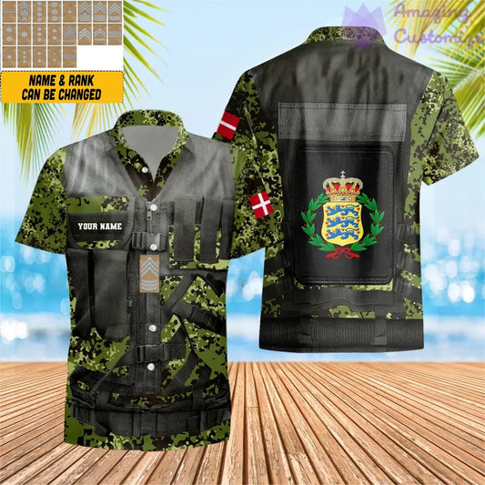 T-shirt hawaïen personnalisé avec camouflage soldat/vétéran du Danemark avec nom et grade imprimé en 3D - 1101240001