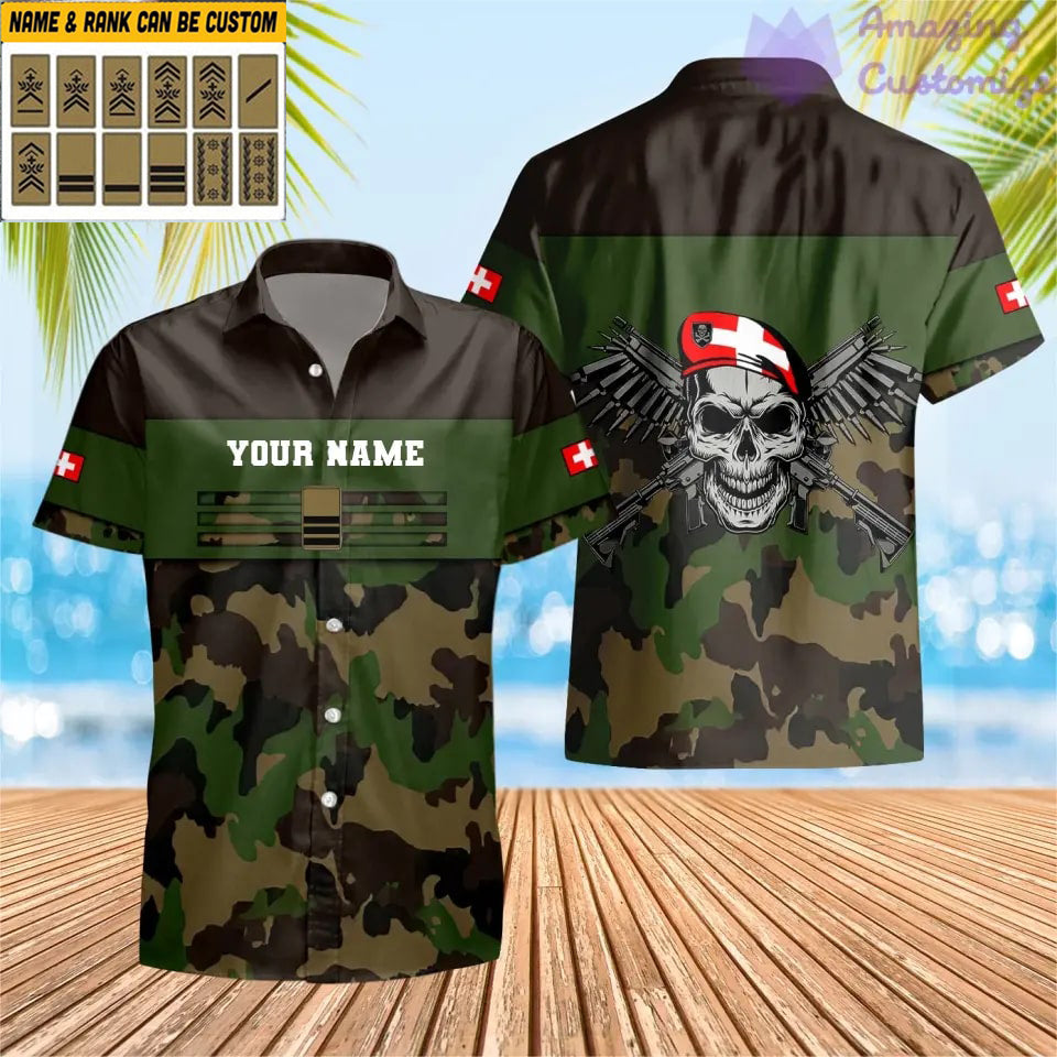 T-shirt hawaïen personnalisé avec camouflage soldat/vétéran suisse avec nom et grade imprimé en 3D - 1201240001