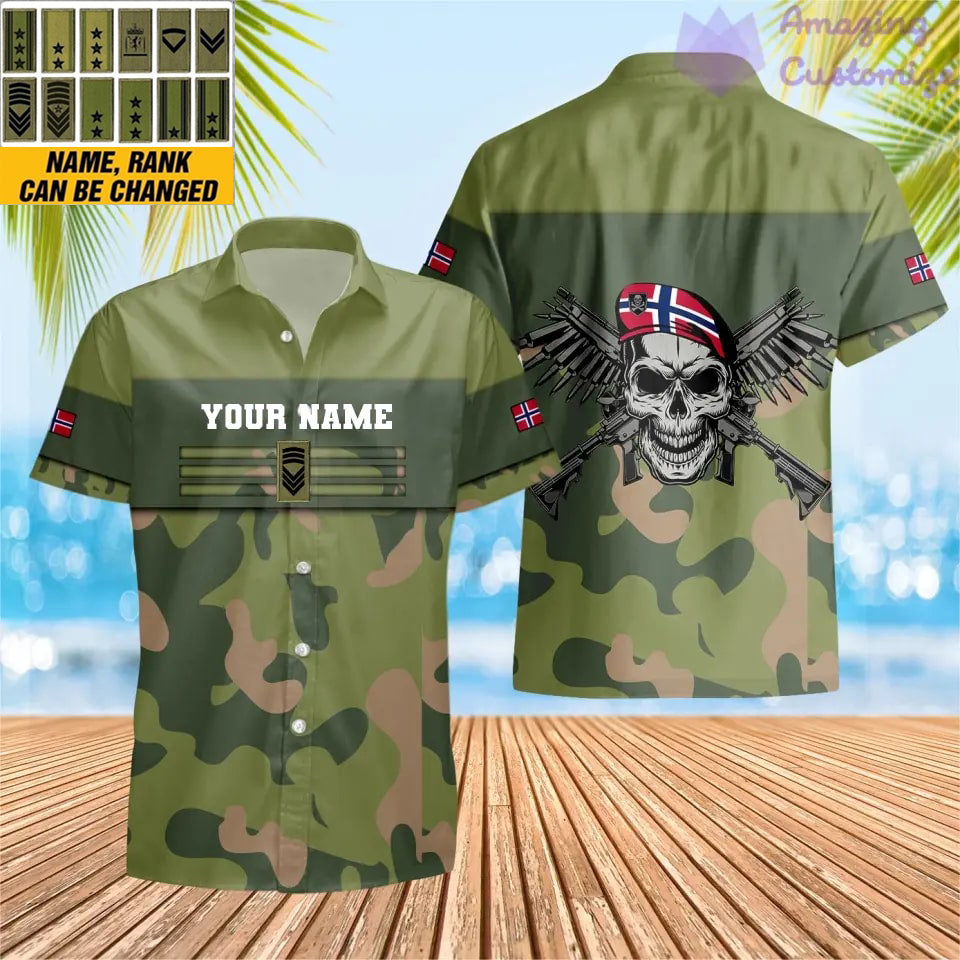 T-shirt hawaïen personnalisé avec camouflage soldat/vétéran norvégien avec nom et grade imprimé en 3D - 1201240001