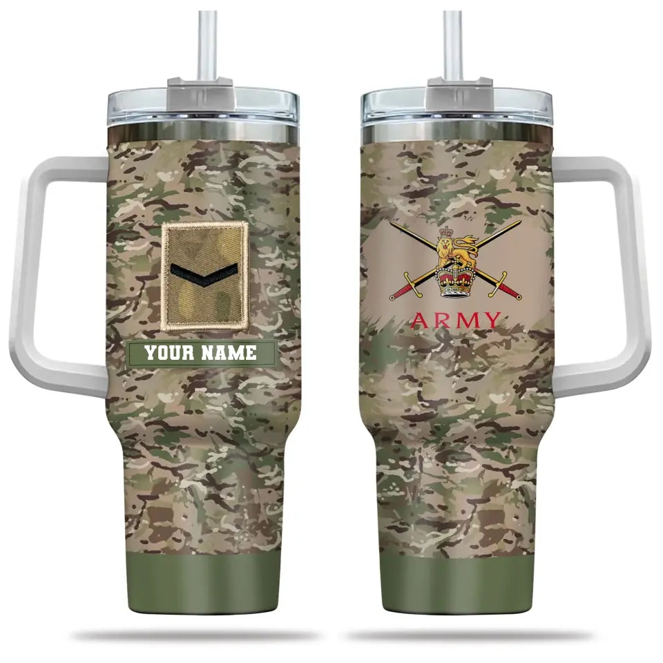 Verre personnalisé de 40 oz avec motif camouflage soldat/vétéran du Royaume-Uni avec nom et grade, imprimé en 3D - 2401240001