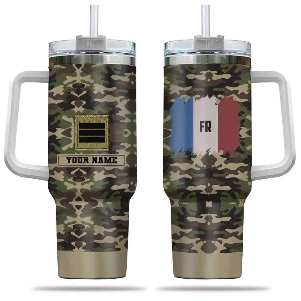 Verre personnalisé de 40 oz avec camouflage soldat/vétéran de la France avec nom et grade, imprimé en 3D - 2401240001