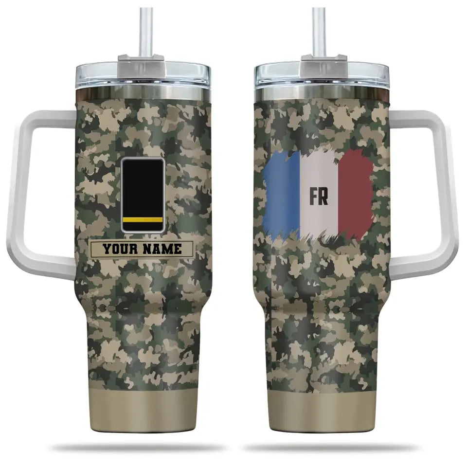 Verre personnalisé de 40 oz avec camouflage soldat/vétéran de la France avec nom et grade, imprimé en 3D - 2401240001