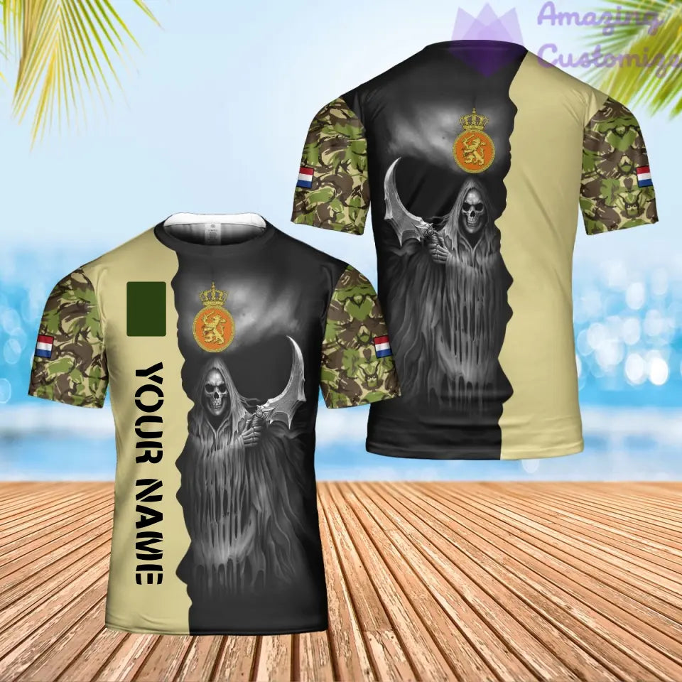 Personalisiertes Hawaiihemd mit 3D-Druck für niederländische Soldaten/Veteranen im Camouflage-Muster mit Namen und Rang – 2601240001