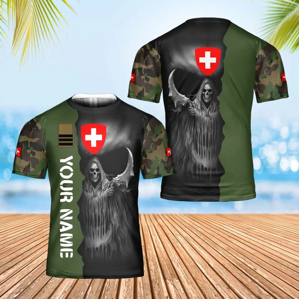 Personalisiertes T-Shirt mit Schweizer Soldaten-/Veteranen-Tarnmuster und Namen und Rang, 3D-Druck – 2601240001