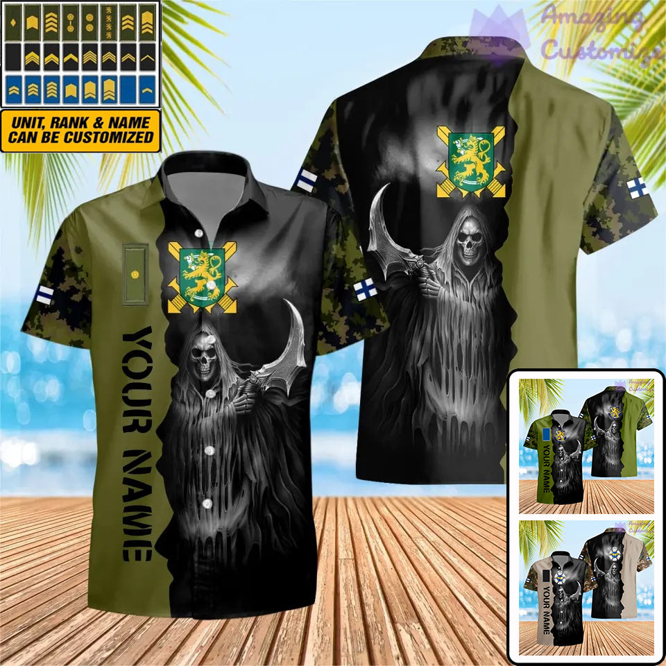 Personalisiertes Hawaii-Hemd mit 3D-Druck für finnische Soldaten/Veteranen im Camouflage-Muster mit Namen und Rang – 2601240001