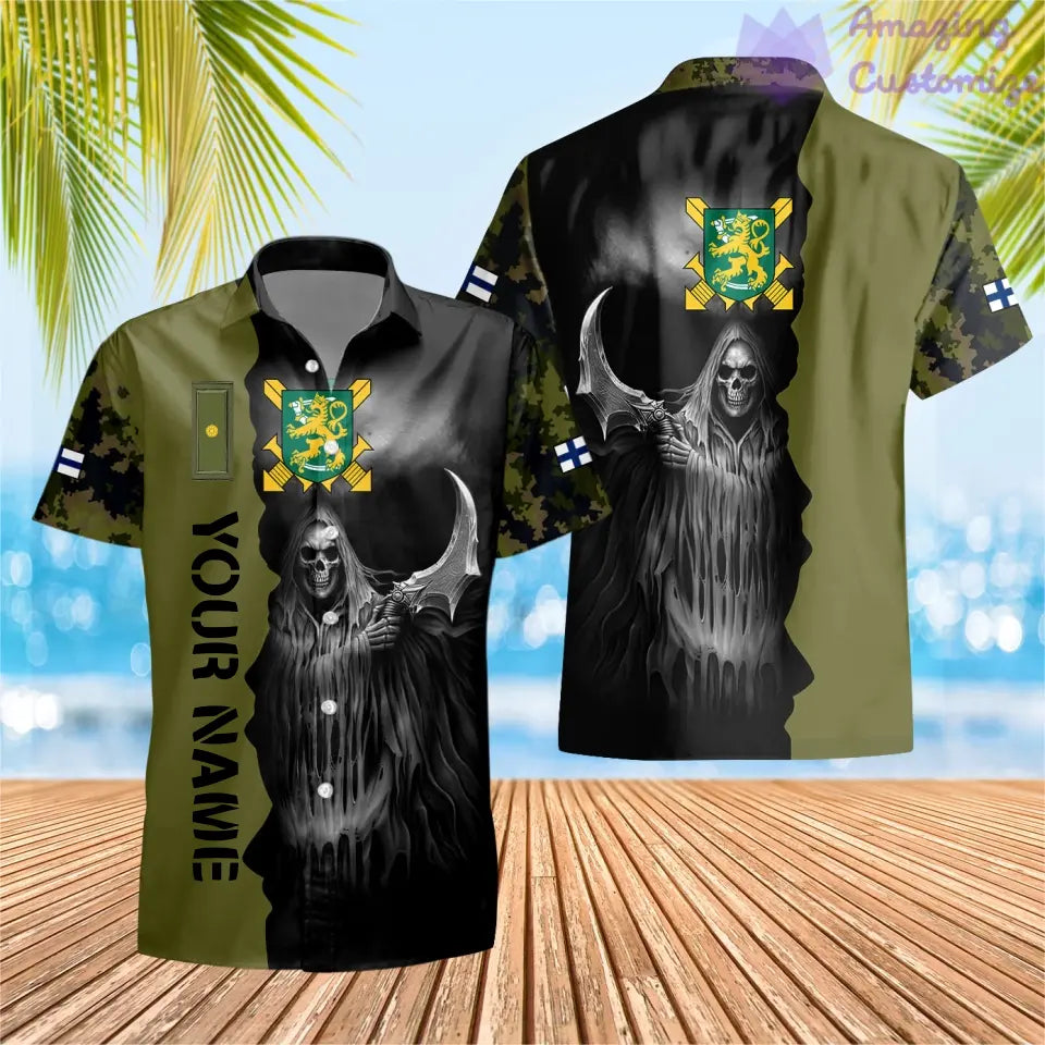 Personalisiertes Hawaii-Hemd mit 3D-Druck für finnische Soldaten/Veteranen im Camouflage-Muster mit Namen und Rang – 2601240001