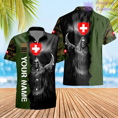 T-shirt Hawaï personnalisé avec camouflage soldat/vétéran suisse avec nom et grade imprimé en 3D - 2601240001