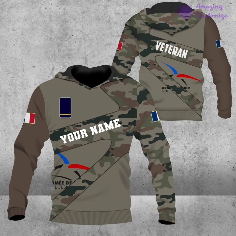 Personalisiertes T-Shirt mit französischem Soldaten-/Veteranen-Tarnmuster mit Namen und Rang, 3D-Druck – 3001240001