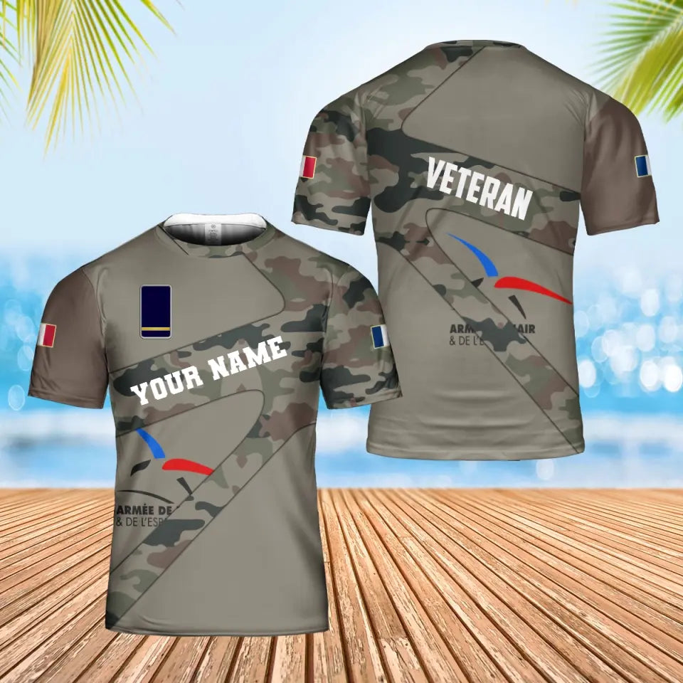 Personalisiertes T-Shirt mit französischem Soldaten-/Veteranen-Tarnmuster mit Namen und Rang, 3D-Druck – 3001240001