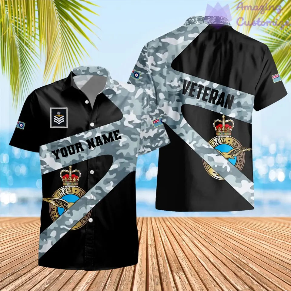 Personalisiertes Hawaiihemd mit 3D-Druck für britische Soldaten/Veteranen im Camouflage-Muster mit Namen und Rang – 3001240001