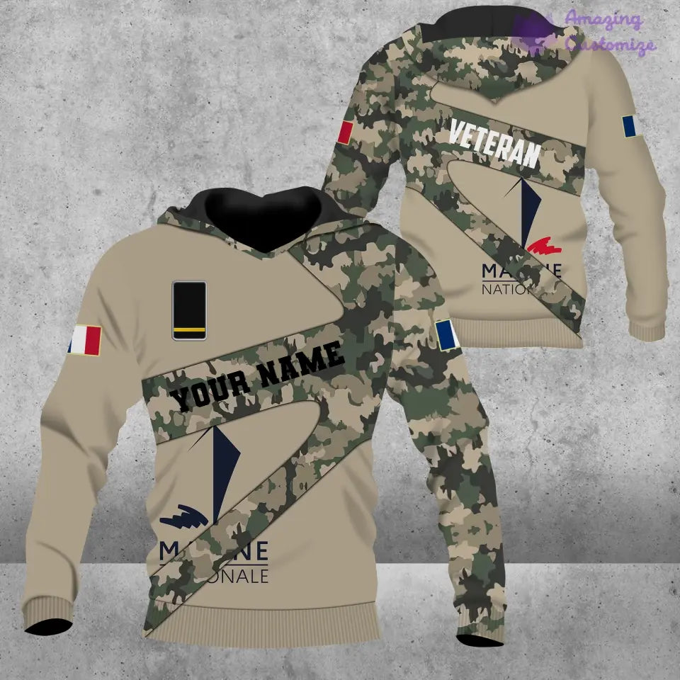 Personalisiertes Hawaiihemd mit 3D-Druck für französische Soldaten/Veteranen im Camouflage-Muster mit Namen und Rang – 3001240001