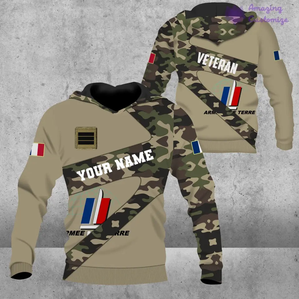 T-shirt Hawaï personnalisé avec camouflage soldat/vétéran de la France avec nom et grade imprimé en 3D - 3001240001