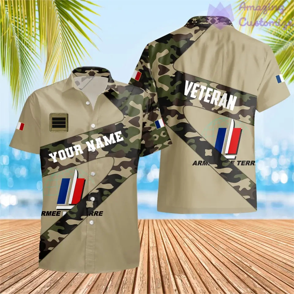 T-shirt Hawaï personnalisé avec camouflage soldat/vétéran de la France avec nom et grade imprimé en 3D - 3001240001