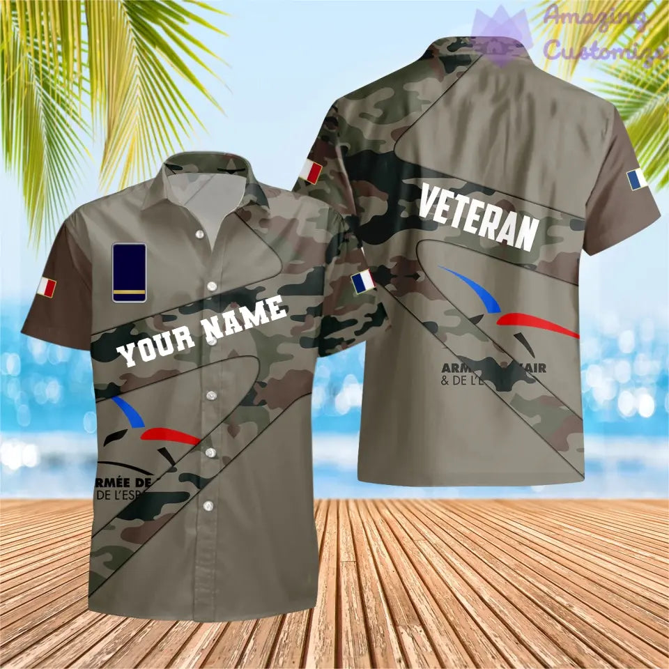 T-shirt Hawaï personnalisé avec camouflage soldat/vétéran de la France avec nom et grade imprimé en 3D - 3001240001