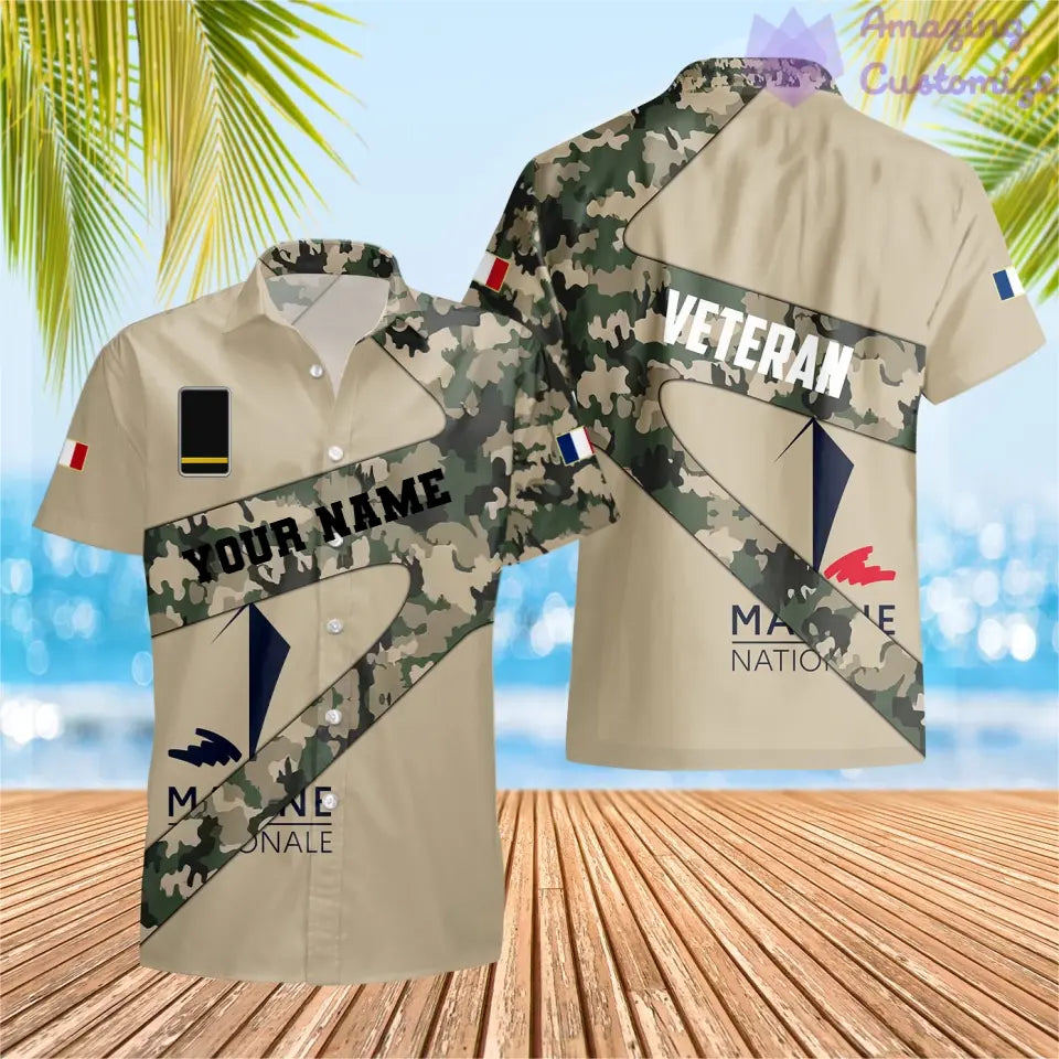 Personalisiertes Hawaiihemd mit 3D-Druck für französische Soldaten/Veteranen im Camouflage-Muster mit Namen und Rang – 3001240001