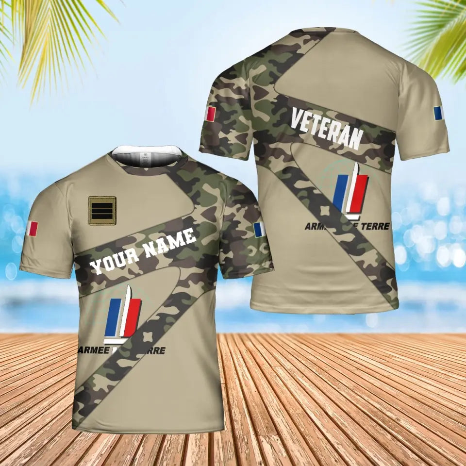 Personalisiertes Hawaiihemd mit 3D-Druck für französische Soldaten/Veteranen im Camouflage-Muster mit Namen und Rang – 3001240001