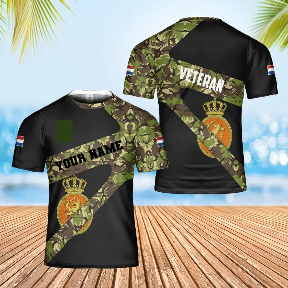 Personalisiertes Hawaiihemd mit 3D-Druck für niederländische Soldaten/Veteranen im Camouflage-Muster mit Namen und Rang – 3001240001