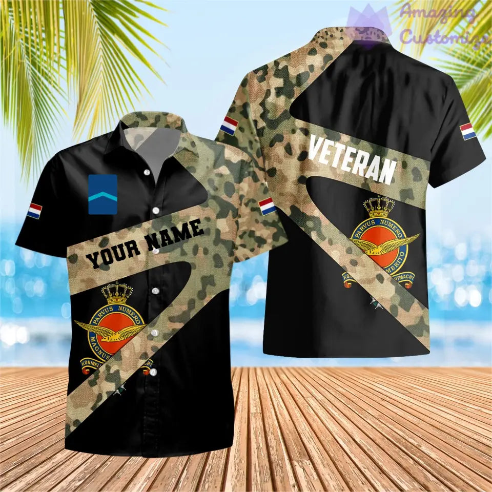 Personalisiertes Hawaiihemd mit 3D-Druck für niederländische Soldaten/Veteranen im Camouflage-Muster mit Namen und Rang – 3001240001