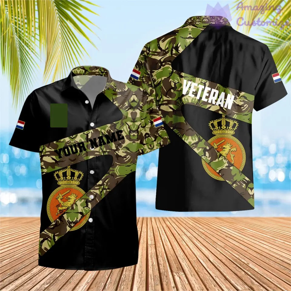 Personalisiertes Hawaiihemd mit 3D-Druck für niederländische Soldaten/Veteranen im Camouflage-Muster mit Namen und Rang – 3001240001