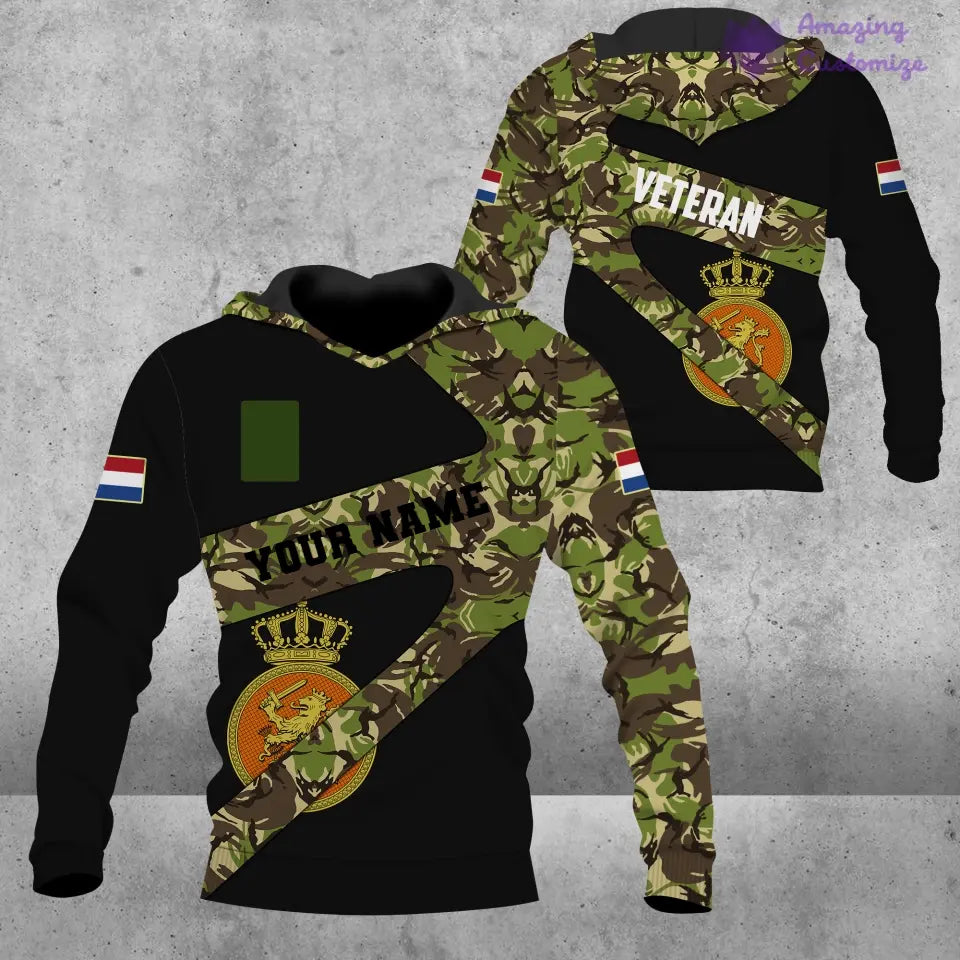 Personalisiertes Hawaiihemd mit 3D-Druck für niederländische Soldaten/Veteranen im Camouflage-Muster mit Namen und Rang – 3001240001