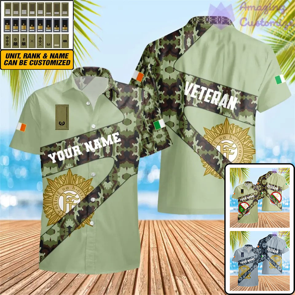 T-shirt Hawaï personnalisé avec camouflage soldat/vétéran irlandais avec nom et grade imprimé en 3D - 3001240001