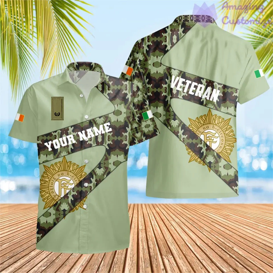 T-shirt Hawaï personnalisé avec camouflage soldat/vétéran irlandais avec nom et grade imprimé en 3D - 3001240001