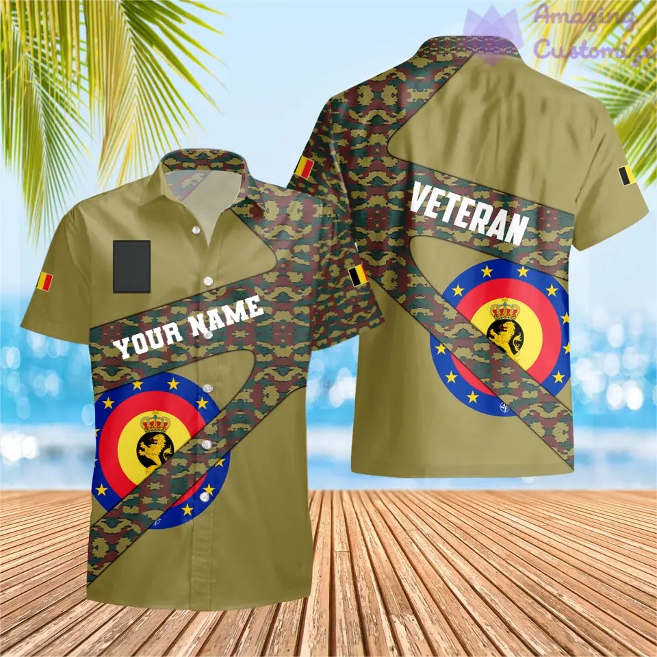 T-shirt Hawaï personnalisé avec camouflage soldat/vétéran belge avec nom et grade imprimé en 3D - 3001240001