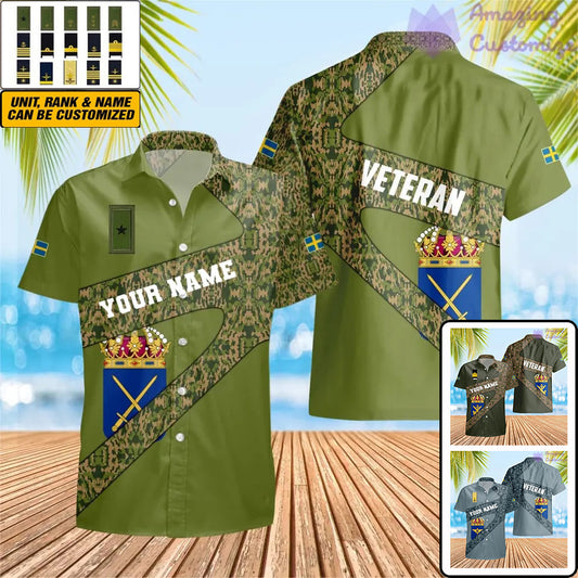 T-shirt Hawaï personnalisé avec camouflage soldat/vétéran suédois avec nom et grade imprimé en 3D - 3001240001